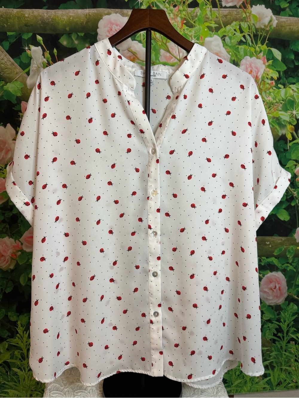 Sweet Rain White Button-Front Blouse with Red Ladybug Print